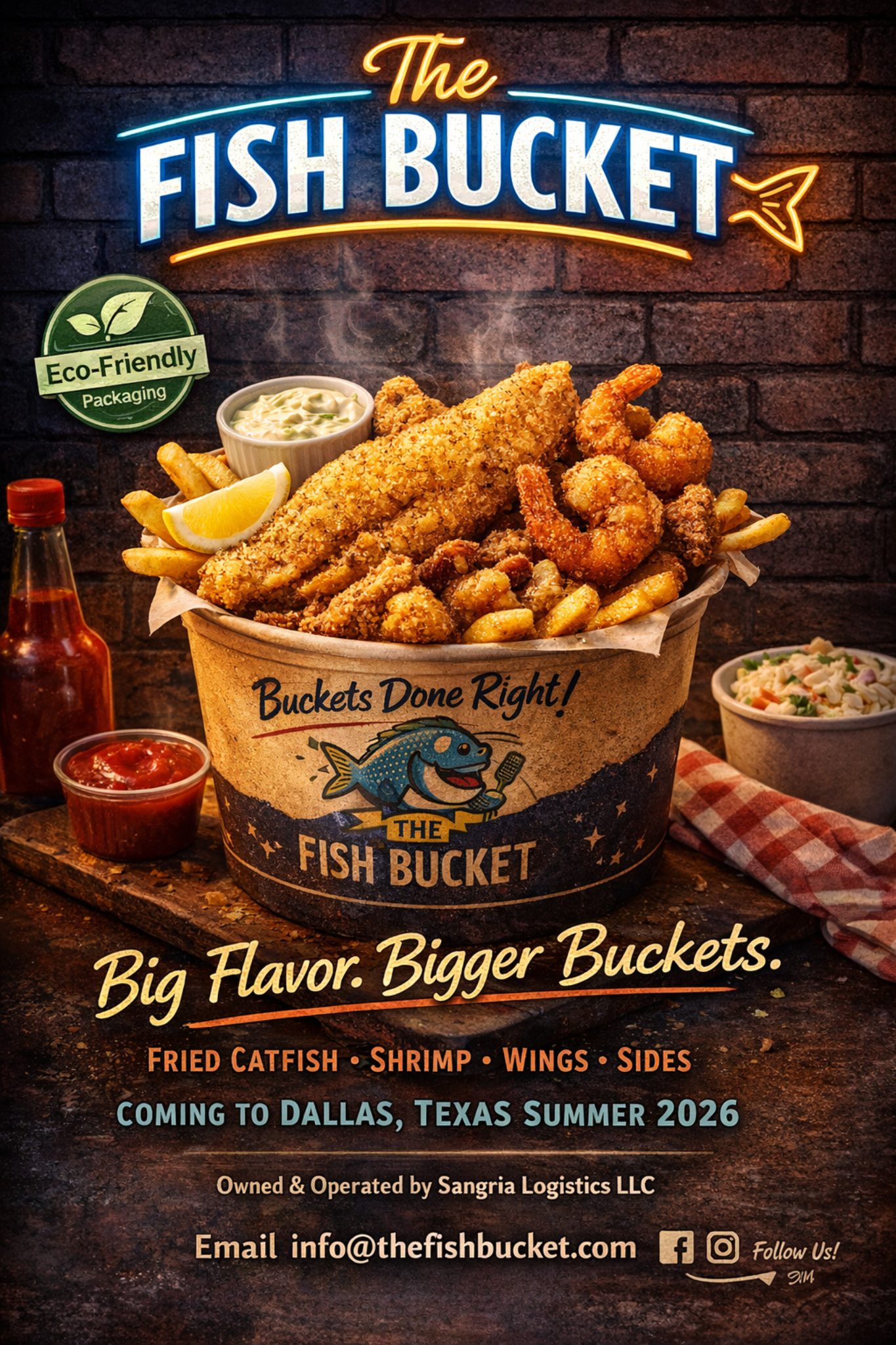 Realistic food hero: fried catfish, shrimp and fries in a Fish Bucket takeout bucket